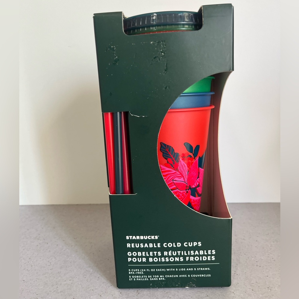 NEW Starbucks 2021 Holiday 24oz Reusable Cold Cups with Lids & Straws Pack 5